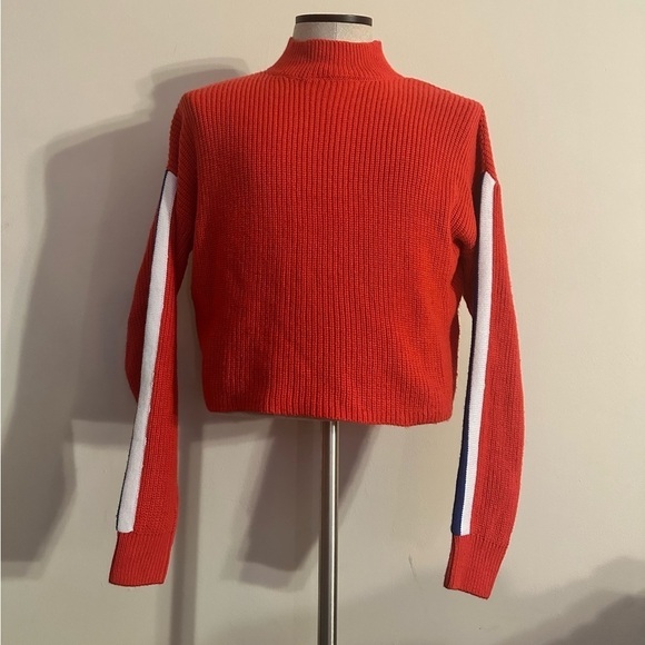H&M Divided Bright Red Crop Turtleneck Sweater with Blue/White Sleeves - Size XS - Picture 6 of 7